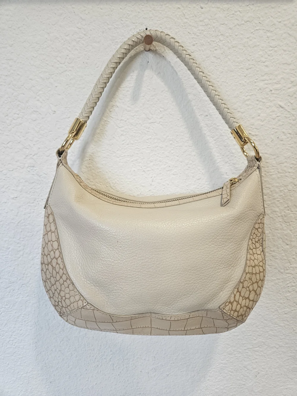 Kate Landry Cream Leather Hobo Bag Braided Strap Mock Croc Accent